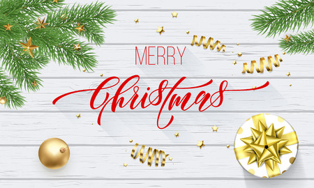 Merry Christmas golden decoration and calligraphy font on white wooden background for greeting card. Vector Christmas or New Year gold shiny star on Xmas tree for winter holiday premium designのイラスト素材