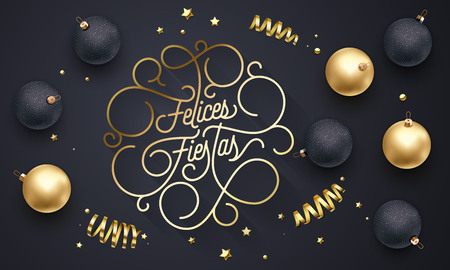 Felices Fiestas Spanish Merry Christmas Navidad flourish golden calligraphy lettering of swash gold typography for greeting card design. Vector Christmas golden decoration text on black backgroundのイラスト素材