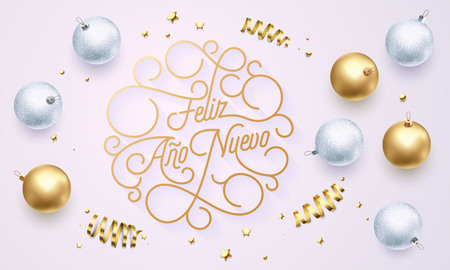Feliz Ano Nuevo Spanish Happy New Year Navidad flourish golden calligraphy lettering of swash gold greeting card design. Vector golden decoration and Christmas text on holiday black backgroundのイラスト素材