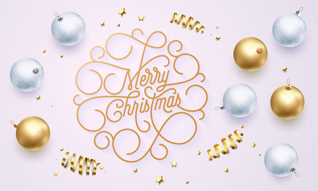 Merry Christmas flourish calligraphy lettering of swash line typography for greeting card design. Vector festive ornamental quote Christmas text of swirl pattern outline for holiday black backgroundのイラスト素材