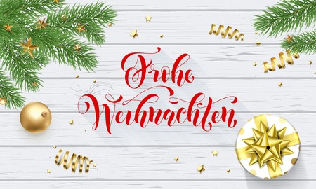 Frohe Weihnachten German Merry Christmas golden decoration and calligraphy font on white wooden background for greeting card. Vector Christmas or New Year gold shiny star, Xmas tree for winter holidayのイラスト素材