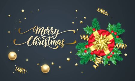Merry Christmas golden calligraphy and gold decoration greeting card design.のイラスト素材