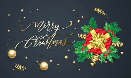 Merry Christmas golden decoration and gold font calligraphy greeting card design.のイラスト素材
