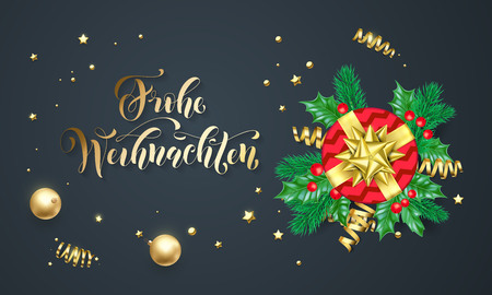 Frohe Weihnachten German Merry Christmas golden calligraphy and gold decoration greeting card design.のイラスト素材