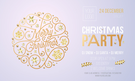 Christmas party invitation card or poster of golden New Year decoration for holiday event design template. Vector calligraphy lettering, gold snowflake decoration on white Xmas party background.のイラスト素材