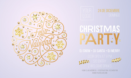 Christmas party invitation for Spanish Feliz Navidad holiday celebration design template. Vector New Year or Xmas corporate party invitation flyer of golden snowflake decoration on white background.のイラスト素材