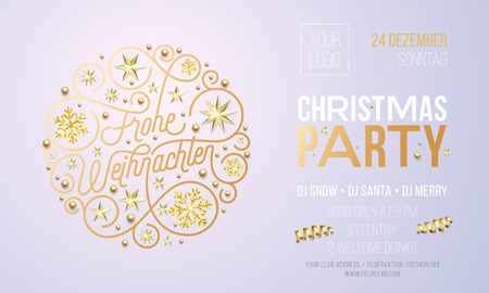Christmas party invitation for German Frohe Weihnachten holiday celebration design template. Vector New Year or Xmas corporate party invitation flyer of golden snowflake decoration on white backgroundのイラスト素材
