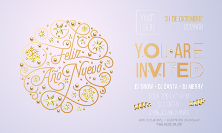 New Year party invitation for Spanish Feliz Ano Nuevo holiday event celebration desing template. Vector Xmas or New Year party invitation flyer of golden decoration and text on white backgroundのイラスト素材