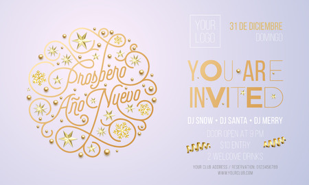 Spanish New Year party invitation for holiday celebration design template. Vector New Year Ano Nuevo or Xmas Feliz Navidad party invitation flyer of golden snowflake decoration on white backgroundのイラスト素材