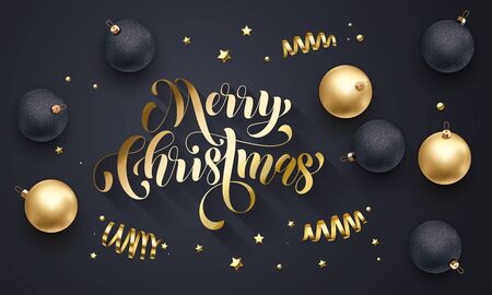 Merry Christmas golden decoration, hand drawn calligraphy gold font for greeting card premium black background design. Vector Christmas or New Year winter holiday shiny gold star confetti decorationのイラスト素材