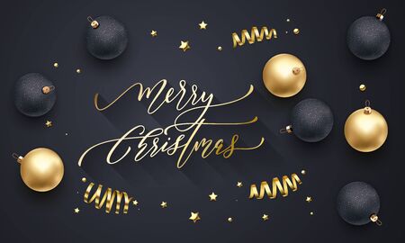 Merry Christmas golden decoration, hand drawn calligraphy golden font for invitation on black festive background. Vector Christmas or New Year winter holiday gold star shiny confetti decorationのイラスト素材