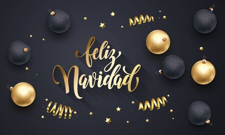 Feliz Navidad Spanish Merry Christmas golden decoration, calligraphy gold font for greeting card black background design. Vector Christmas, New Year holiday shiny star confetti star golden decorationのイラスト素材