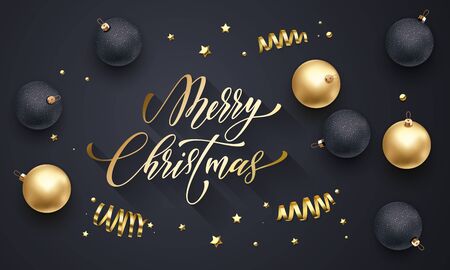 Merry Christmas holiday golden decoration, gold hand drawn calligraphy font for greeting card on black background. Vector Christmas or New Year golden shiny confetti for Xmas decoration designのイラスト素材