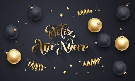 Feliz Anno Nuevo Spanish Happy New Year golden decoration, hand drawn gold calligraphy font for greeting card black background. Vector Christmas or Xmas holiday gold star shiny confetti decorationのイラスト素材