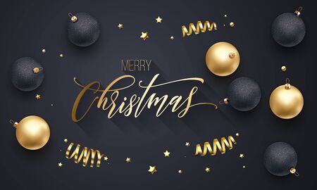 Merry Christmas golden decoration, hand drawn gold calligraphy font for greeting card black background. Vector Christmas or New Year gold star shiny confetti for winter holiday premium decorationのイラスト素材