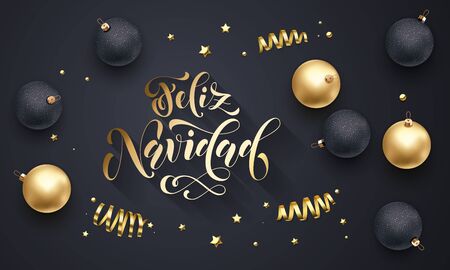 Feliz Navidad Spanish Merry Christmas golden decoration, hand drawn calligraphy golden font for invitation black festive background. Vector Christmas, New Year holiday star shiny confetti decorationのイラスト素材