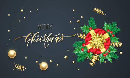 Merry Christmas holiday golden calligraphy and gold decoration greeting card background template. Vector Christmas tree or holly wreath decoration, red gift and ribbon confetti on black premium designのイラスト素材