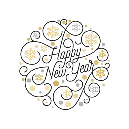 Happy New Year calligraphy lettering and golden snowflake pattern on white background for Xmas greeting card design. Vector golden Christmas flourish swash holiday text decorationのイラスト素材