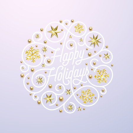 Happy Holidays calligraphy lettering and golden snowflake star pattern decoration on white background for Xmas greeting card design. Vector golden Christmas flourish sparkling New Year holiday textのイラスト素材