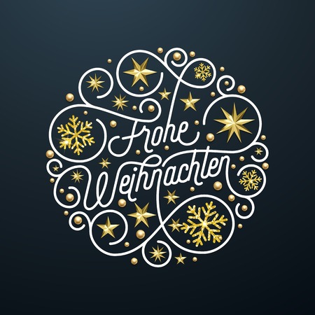 Frohe Weihnachten German Merry Christmas calligraphy lettering and golden snowflake star pattern decoration on black background for greeting card. Vector golden sparkling Christmas holiday textのイラスト素材