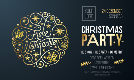 Christmas party invitation for German Frohe Weihnachten holiday celebration design template. Vector New Year or Xmas corporate party invitation flyer of golden snowflake decoration on black backgroundのイラスト素材