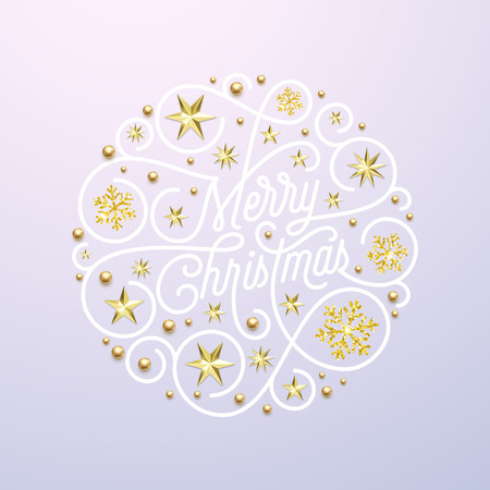 Merry Christmas calligraphy lettering and golden snowflake pattern decoration on white background for Xmas greeting card design. Vector golden Christmas sparkling for New Year holiday textのイラスト素材