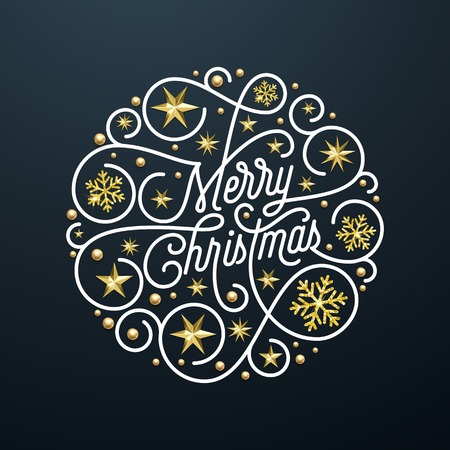 Merry Christmas calligraphy lettering and golden snowflake pattern decoration on black background for Xmas greeting card design. Vector golden Christmas sparkling for New Year holiday textのイラスト素材