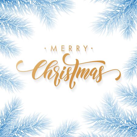 Merry Christmas holiday hand drawn quote golden calligraphy greeting card frozen blue snow ice background template. Vector Christmas tree fir or pine wreath branch decoration on white premium designのイラスト素材