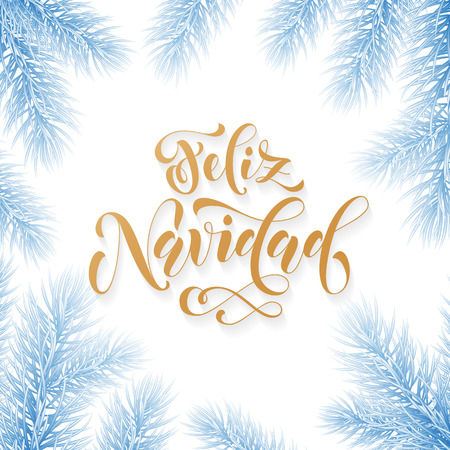 Feliz Navidad Spanish Merry Christmas hand drawn golden calligraphy in fir branch decoration and Christmas blue ice garland. Vector winter New Year holiday greeting card white frozen snow backgroundのイラスト素材