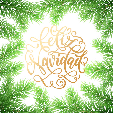 Feliz Navidad Spanish Merry Christmas hand drawn golden calligraphy in fir branch wreath decoration and Christmas garland. Vector winter New Year holiday greeting card white background design templateのイラスト素材
