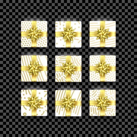 Christmas gift box present in golden ribbon bow and wrapping paper dotted pattern. Vector Christmas gold foil gift boxes set isolated on black background for New Year holiday or Birthday greeting cardのイラスト素材