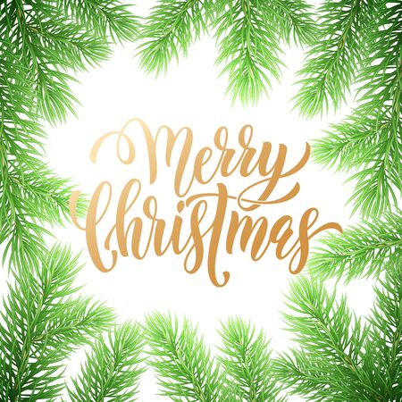 Merry Christmas holiday hand drawn quote golden calligraphy greeting card background template. Vector Christmas tree fir or pine wreath branch decoration on white premium designのイラスト素材