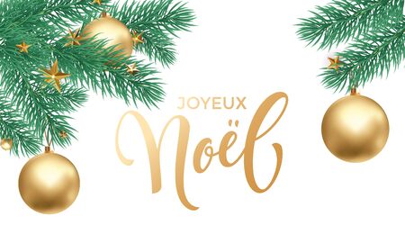 Joyeux Noel French Merry Christmas golden hand drawn calligraphy and Christmas tree branch for holiday greeting card white snow background template. Vector New Year tree decoration golden letteringのイラスト素材
