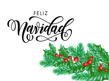 Feliz Navidad Spanish Merry Christmas holiday hand drawn quote calligraphy lettering greeting card background template.のイラスト素材