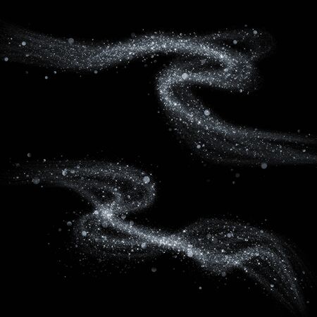 Glittering silver smoke tail or heat haze wave with glitter texture light effect. Silver light steam wave or trail trace with lens flare bokeh blur of sparkling snow light on black luxury backgroundの写真素材