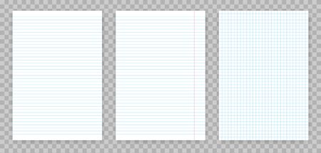 Vector realistic paper sheet with lines and squares notepad pages set isolated on transparent backgroundのイラスト素材