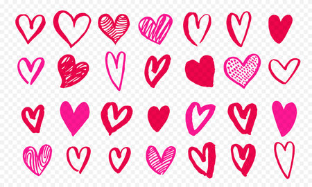 Hearts icons hand drawn for Valentines Day, Save the Date or wedding invitation greeting card design. Vector Valentines love pink red marker highlighter hearts isolated on transparent backgroundのイラスト素材
