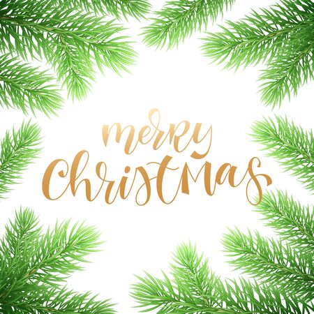 Merry Christmas holiday greeting card template with golden text hand drawn calligraphy in Christmas tree fir branch frame.のイラスト素材