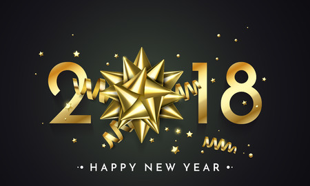 Gold 2018 New Year celebration premium black background with gift ribbon bow and gold glittering stars confetti glitter decoration. Vector winter holiday greeting card design templateのイラスト素材