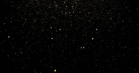 Abstract gold particles and sparkling stars or shimmering light effect background. Light flare shine or glare overlay effect for luxury premium product design or Christmas holiday backdropの写真素材