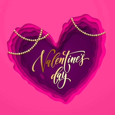 Valentines Day greeting card Valentine heart paper cut modern vector design. Golden Valentines Day text font on pink and purple paper cut background with gold beads for 14 February love holidayのイラスト素材
