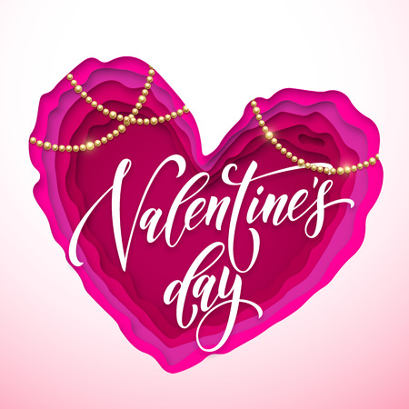 Valentines Day golden greeting text card and Valentine heart paper cut modern vector card design. Valentines Day heart paper cut on white background with gold beads for 14 February love holidayのイラスト素材