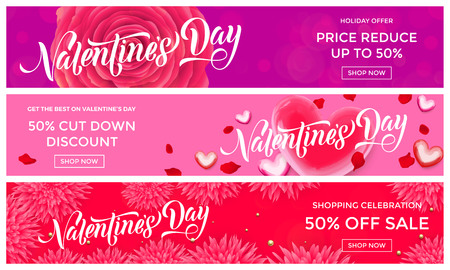 Valentine's Day sale banner design template of pink red hearts and flower petals background.のイラスト素材