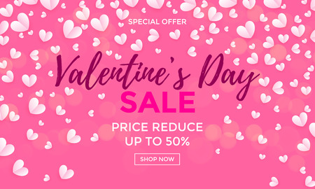 Valentines day sale poster or banner for Valentine holiday shop seasonal discount offer. Vector design template of white hearts pattern on pink backgroundのイラスト素材