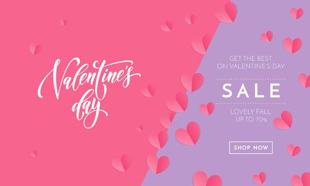Valentines day sale poster or banner of valentine pink paper hearts and calligraphy text font on trendy background. Vector Valentines day holiday shop discount promo design template of lovely heartsのイラスト素材