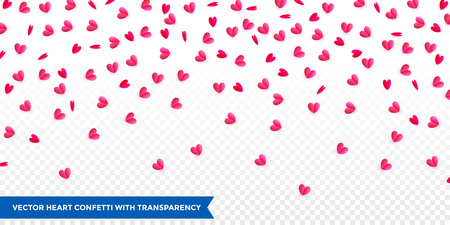 Hearts confetti pattern background for Valentines Day or wedding and birthday greeting card design template. Vector pink red heart petal confetti falling down on transparent backgroundのイラスト素材