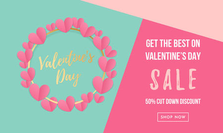 Valentines day sale poster or banner of valentine red heart on blue trendy background. Vector Valentines day holiday shop discount promo design template of paper heart wreath and golden textのイラスト素材