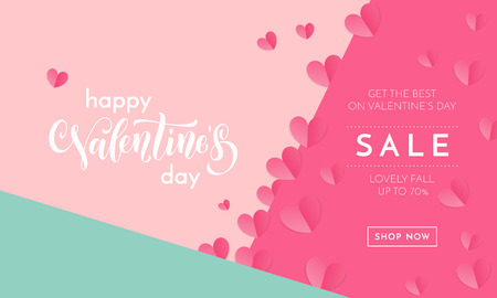Valentines day sale poster or banner of valentine red heart on trendy background. Vector Valentines day holiday shop discount promo design template of lovely paper heartsのイラスト素材