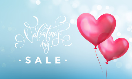 Valentines day sale poster or banner of valentine red heart on blue light pattern background. Vector Valentines day holiday shop discount promo design template of glossy crystal heartのイラスト素材