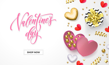 Valentines day sale web banner for shop store design of heart gift box decoration with chocolate sweets in golden wrapper. Vector pink text calligraphy and gold confetti for Valentine holiday designのイラスト素材